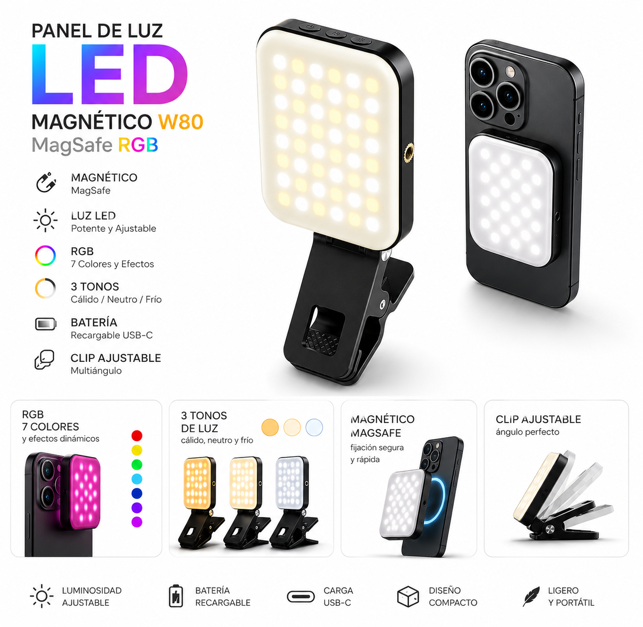 Panel de Luz LED Magnético W80 MagSafe RGB